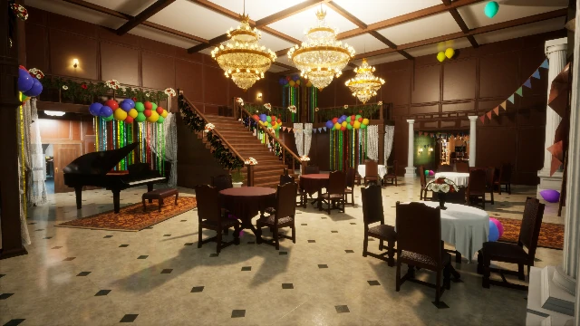 Colorful cluttered room with trash piles and furniture edges